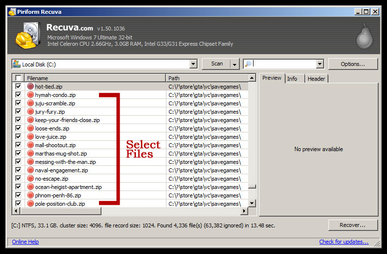 Recuva - Select Files Recuva - Select Files
