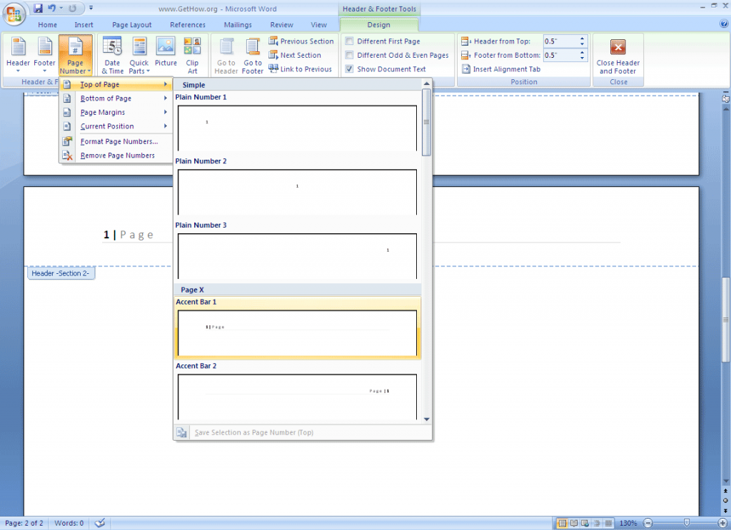 how to add page numbers from a specific page word